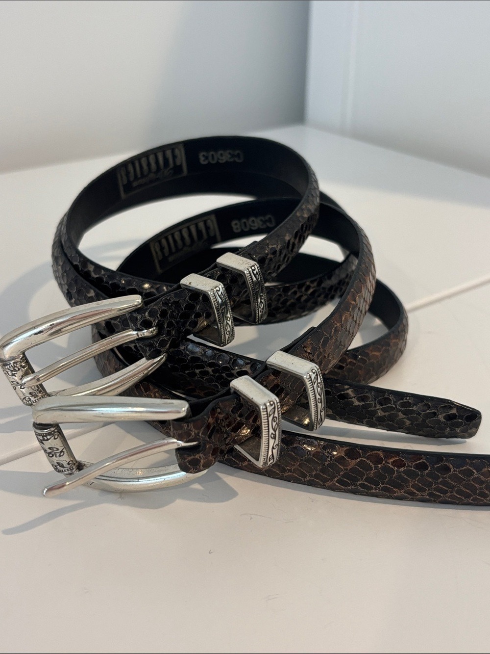BRIGHTON Classics belts SET OF TWO snakeskin look & silver tone metal grey brown